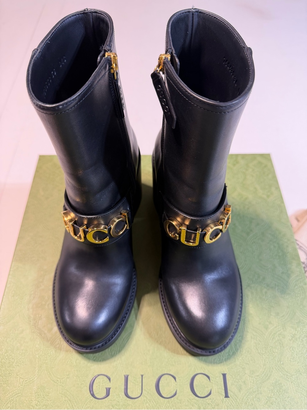 Gucci Black Leather Boots with Gold Logo Hardware